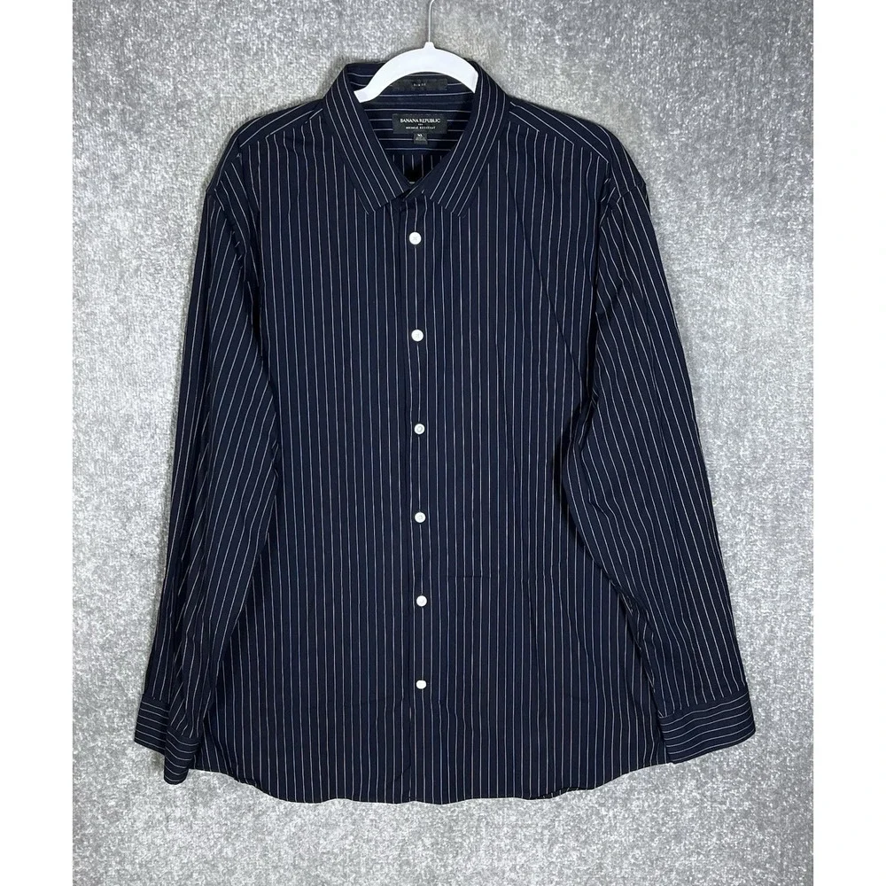 Banana‎ Republic Slim Fit Button Up Dress Shirt Mens Size XL Navy Blue Pinstripe